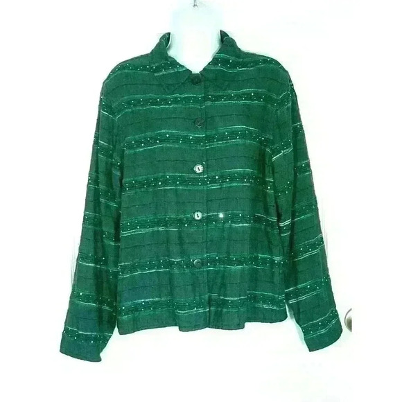 Coldwater Creek reversible shirt shacket jacket Medium brocade embellished green - Picture 5 of 12